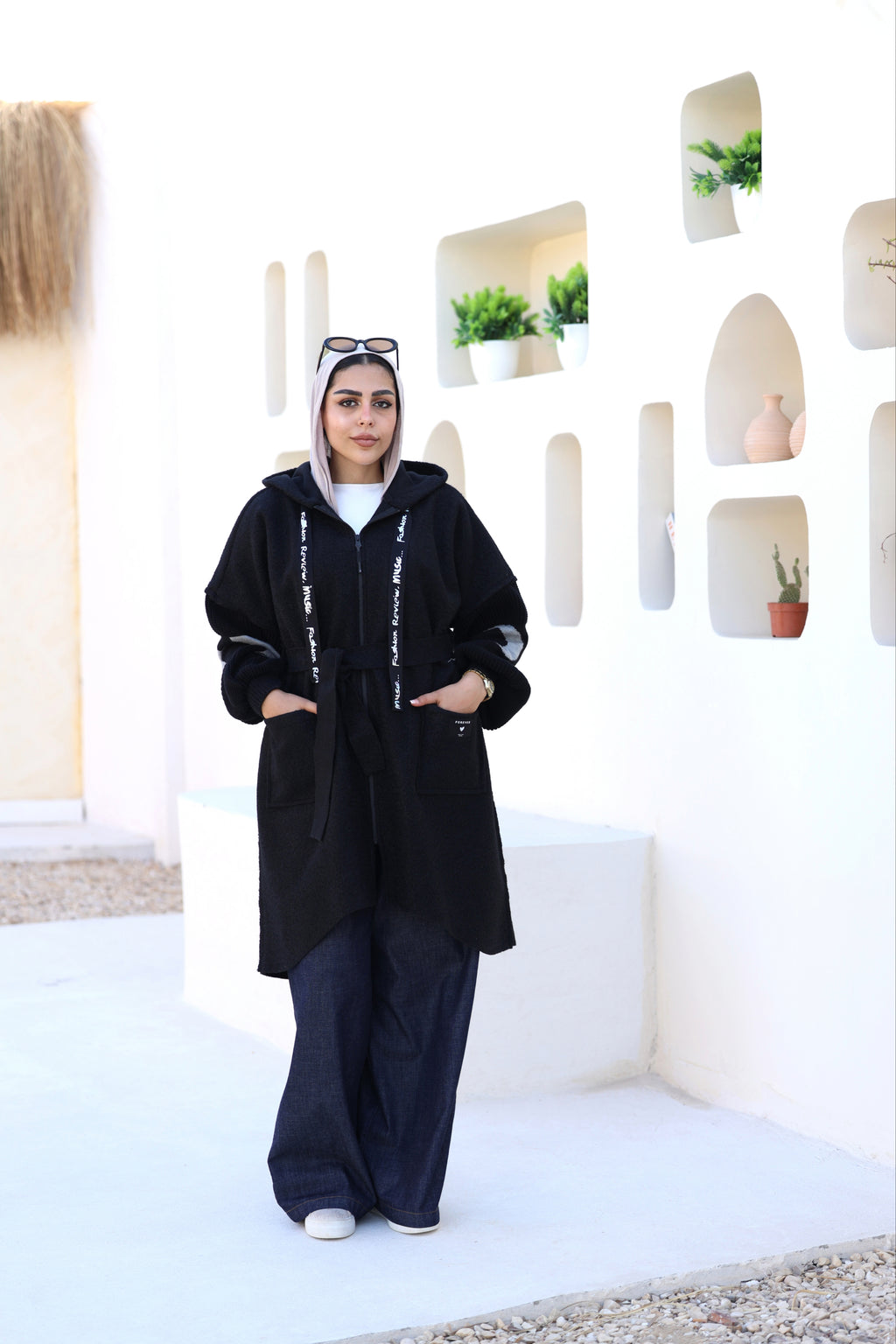 Black Knitted-Sleeve Long Jacket