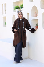 Brown Knitted-Sleeve Long Jacket