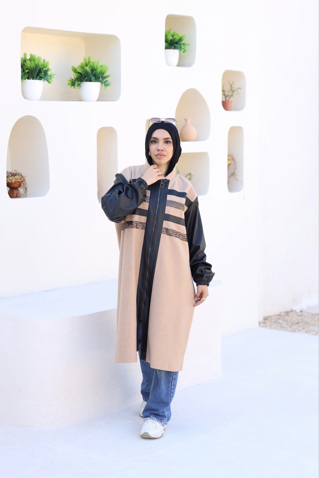 Coffee Wool Jacket with Leather & Beads