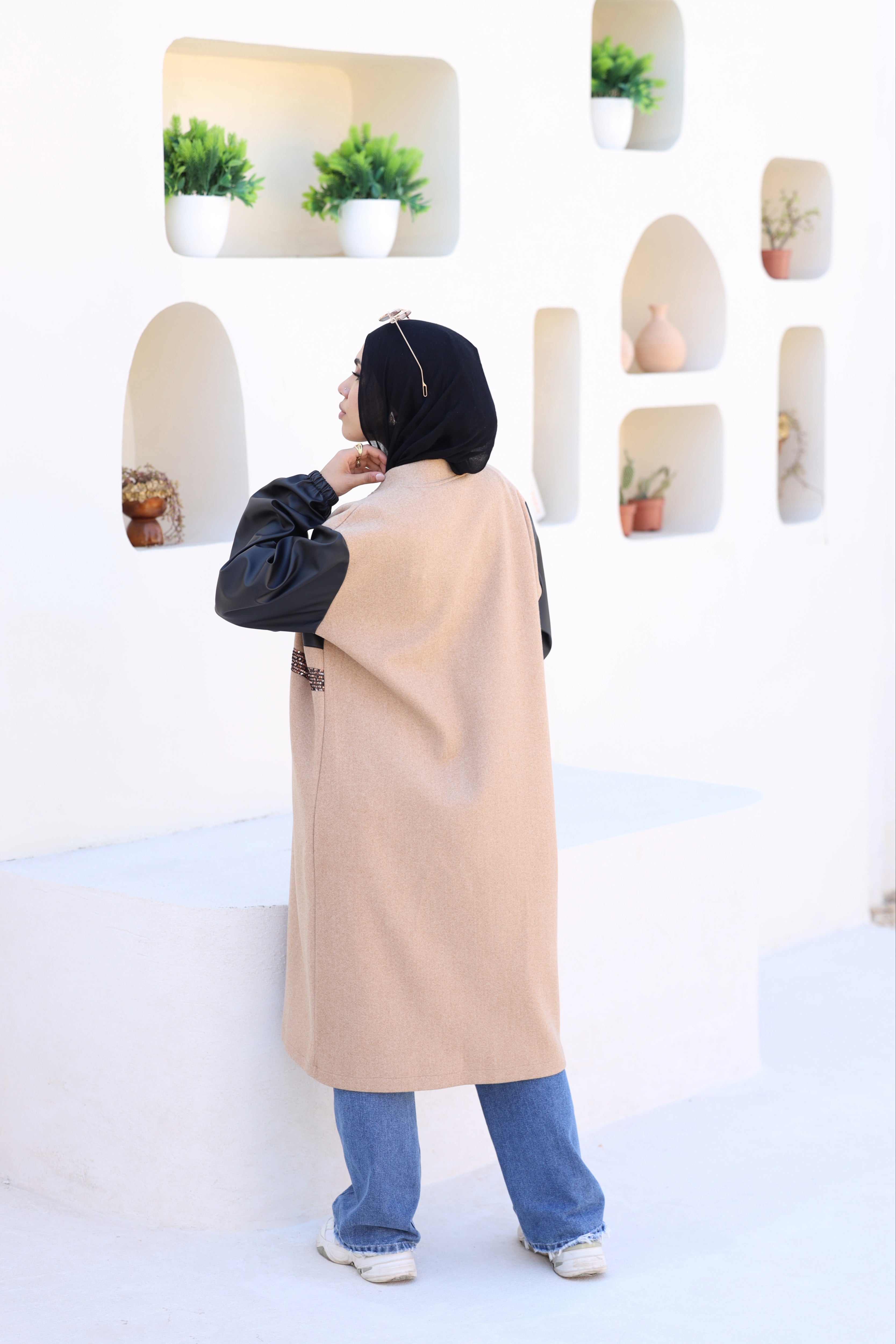 Coffee Wool Jacket with Leather & Beads