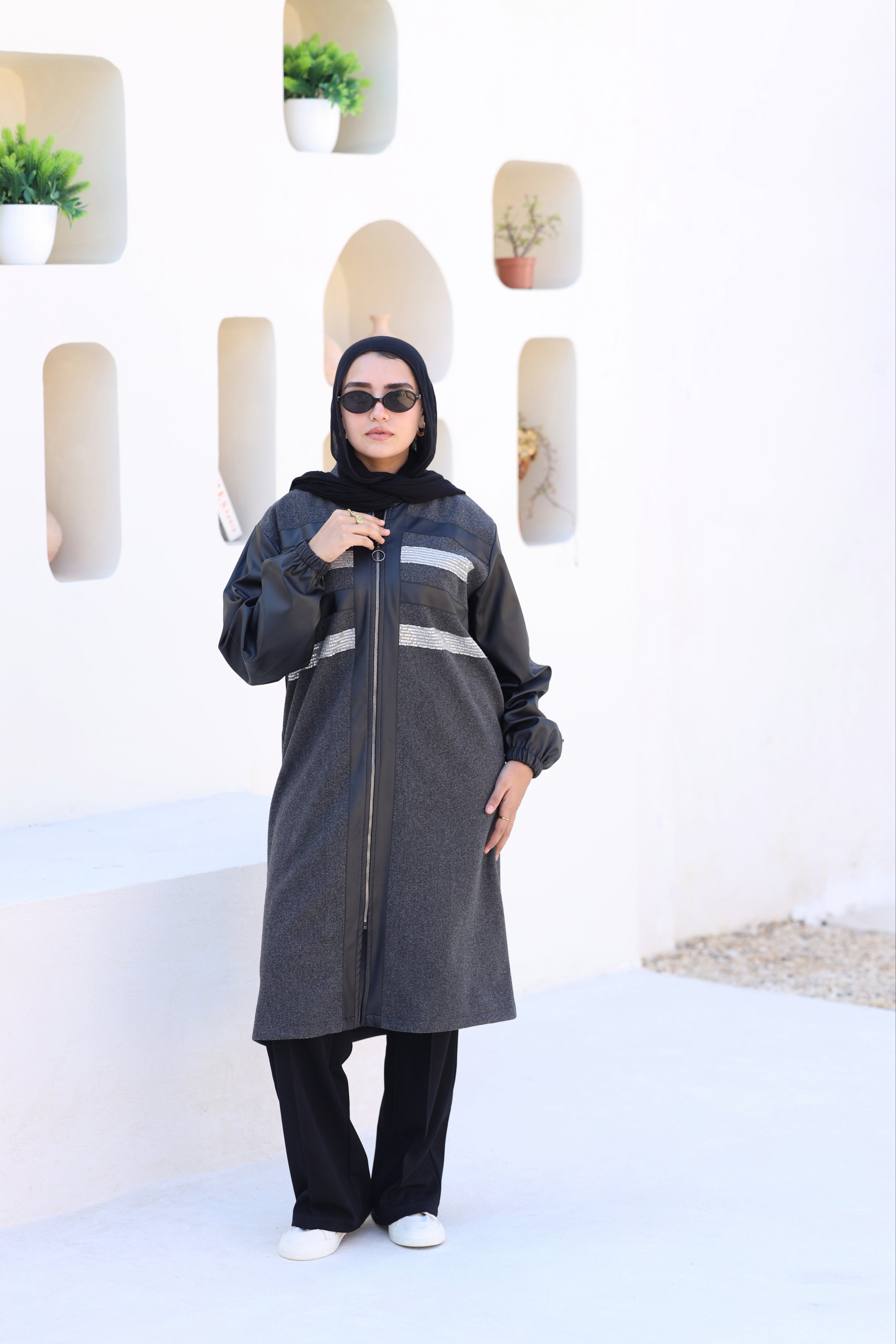 Grey Wool Jacket with Leather & Beads