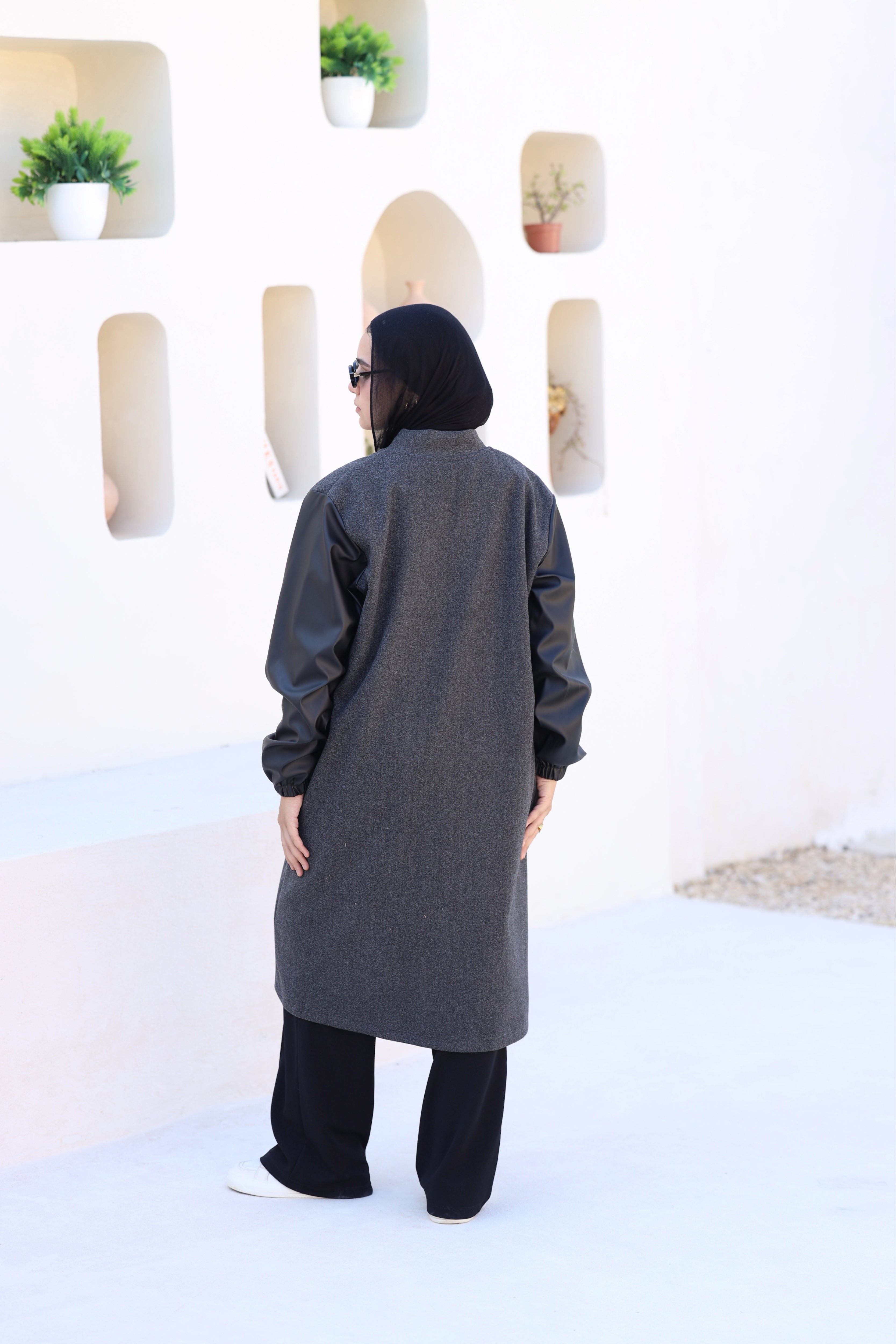 Grey Wool Jacket with Leather & Beads