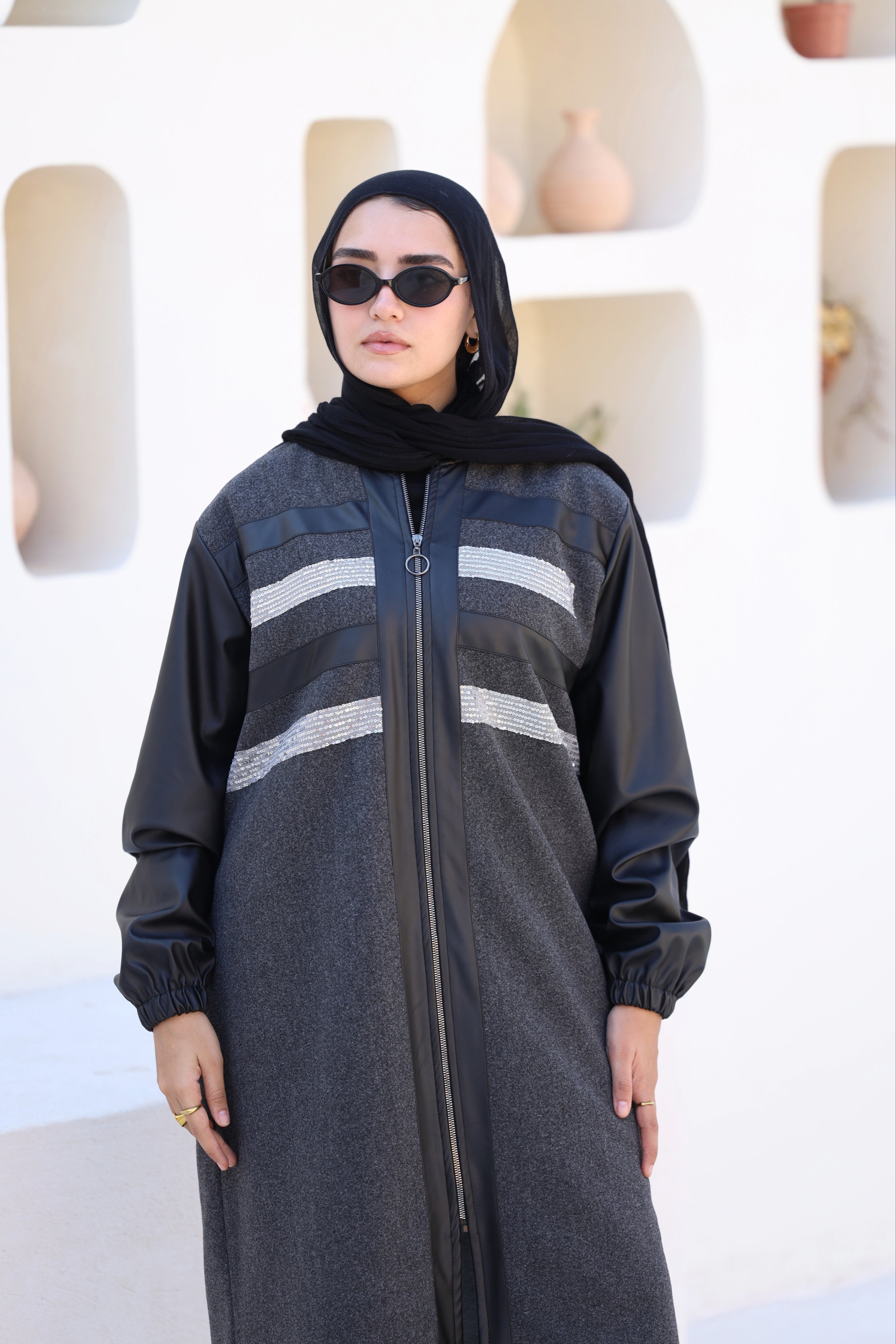 Grey Wool Jacket with Leather & Beads