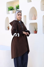 Brown Knitted-Sleeve Long Jacket