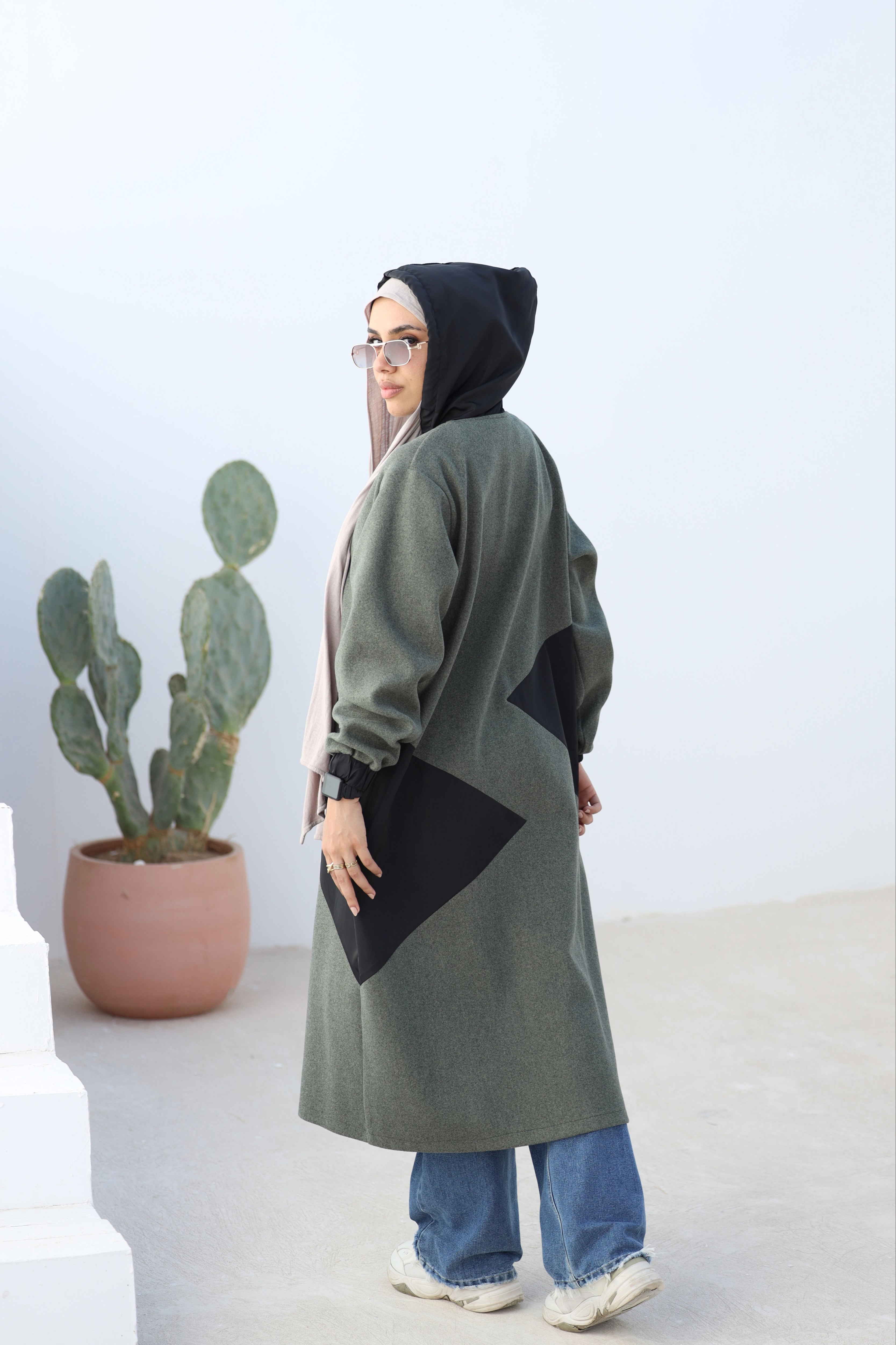 Olive Stretch-Wool Long Jacket