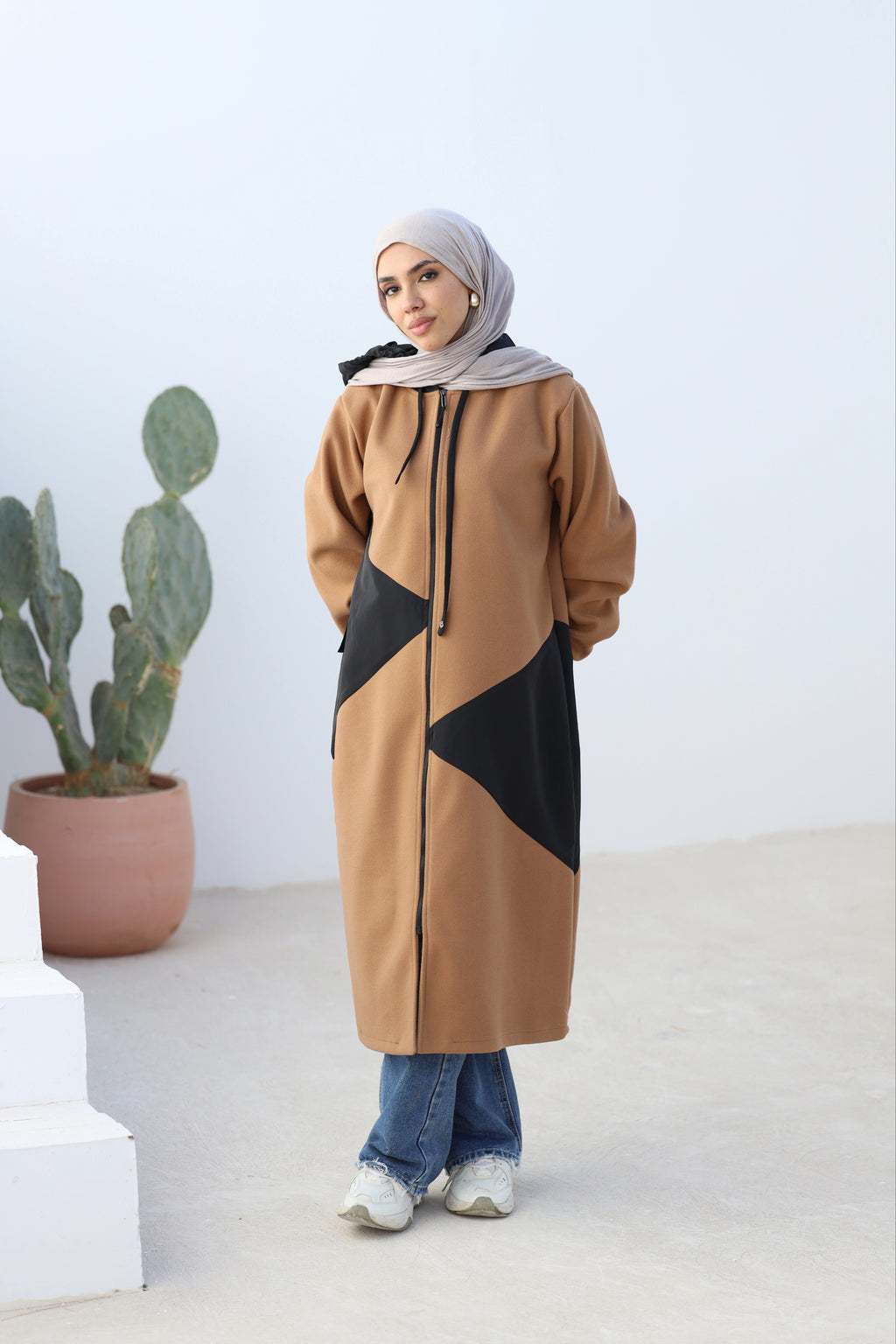 Camel Stretch-Wool Long Jacket