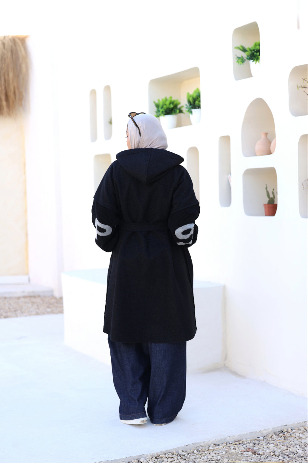 Black Knitted-Sleeve Long Jacket