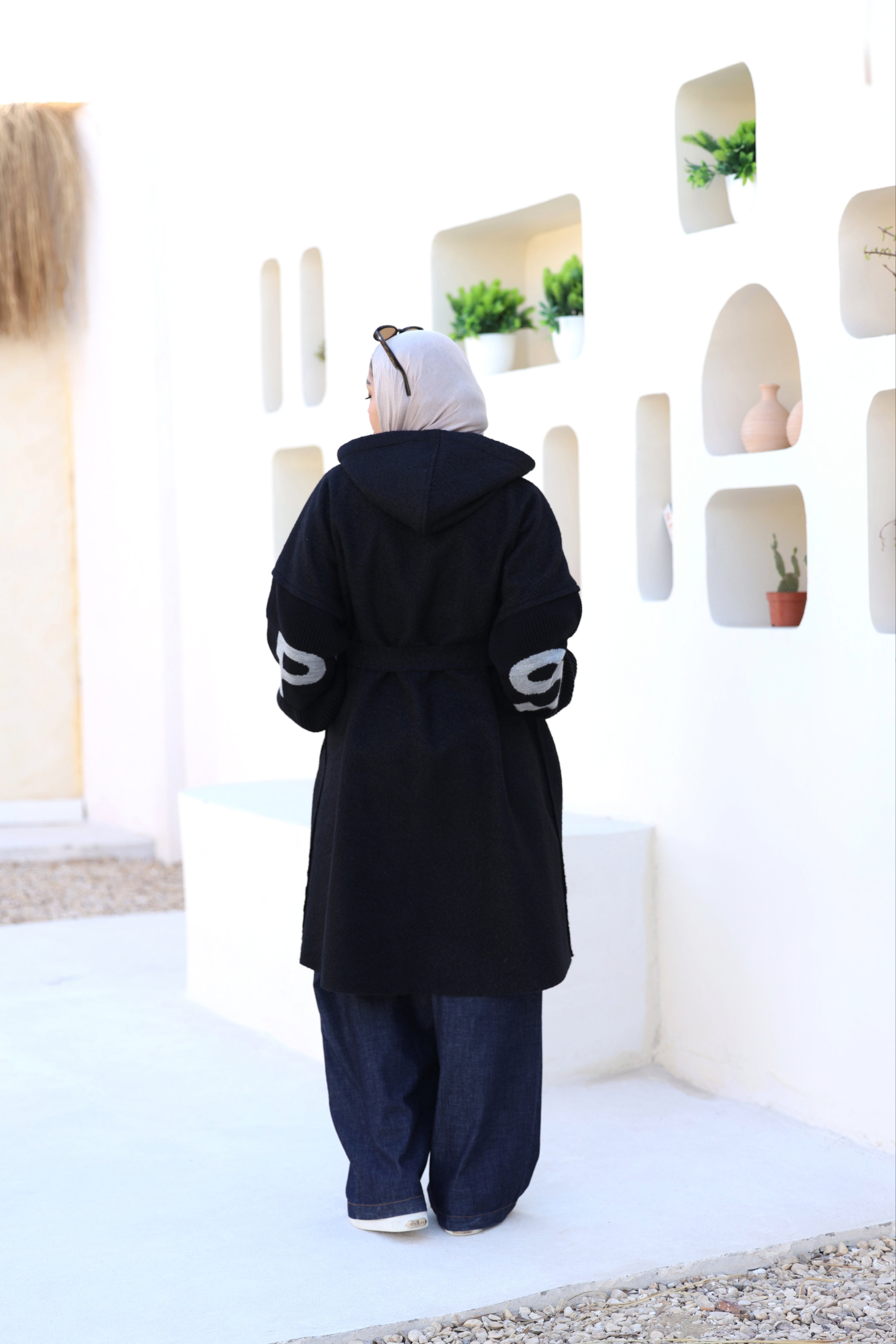 Black Knitted-Sleeve Long Jacket