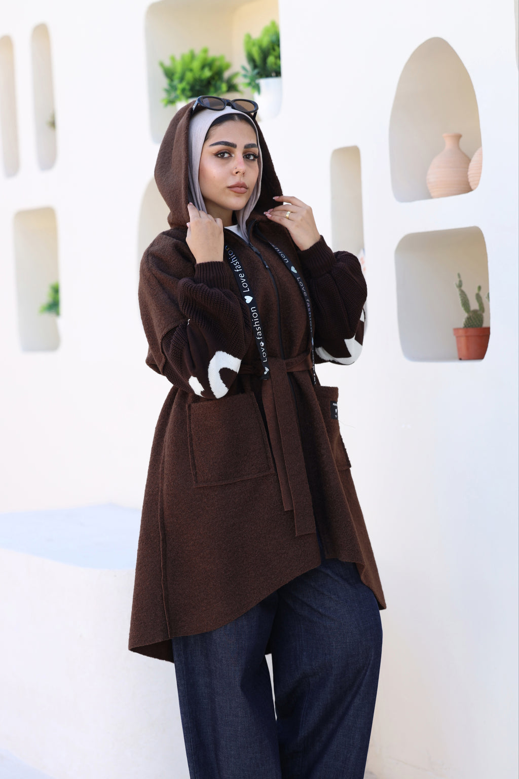 Brown Knitted-Sleeve Long Jacket