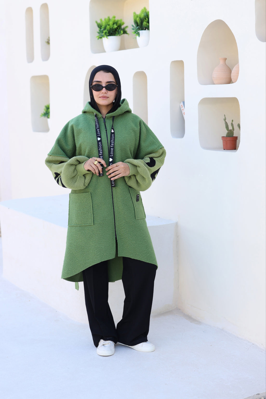 Greenery Knitted-Sleeve Long Jacket