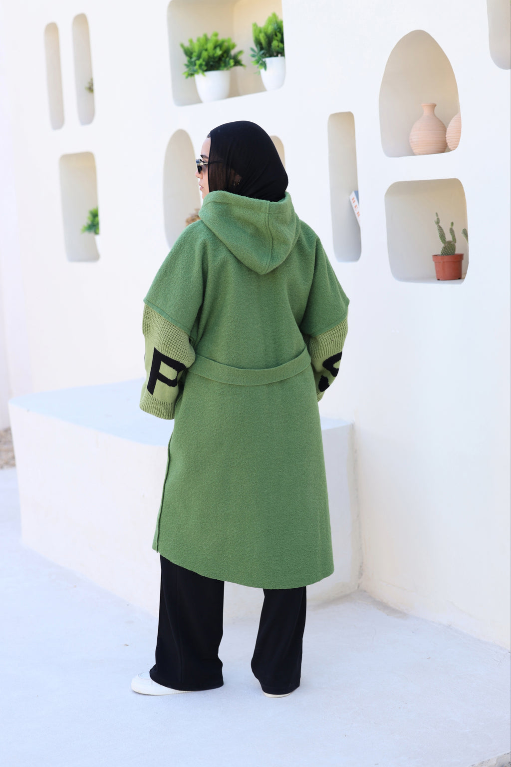 Greenery Knitted-Sleeve Long Jacket